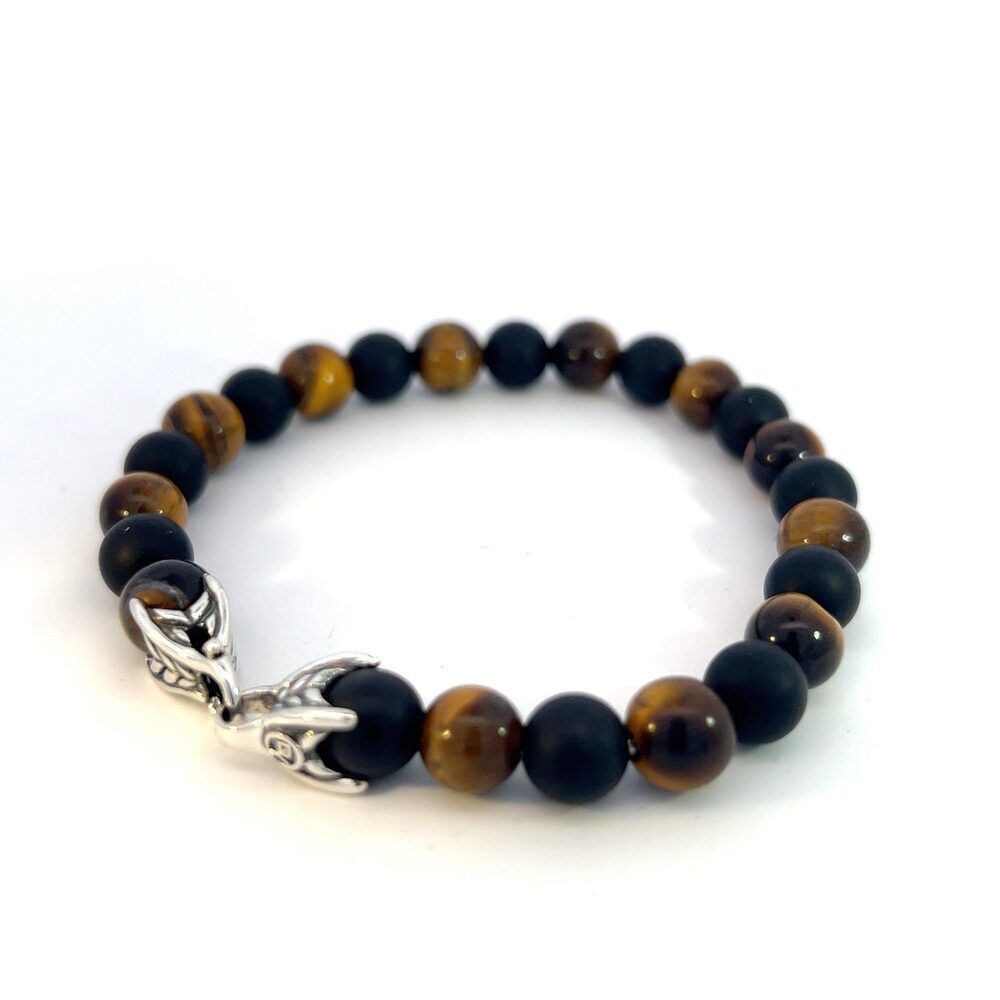 David Yurman Authentic Tiger Eye Matte Onyx Spiritual Bead Bracelet 8.5" Silver - Picture 4 of 5